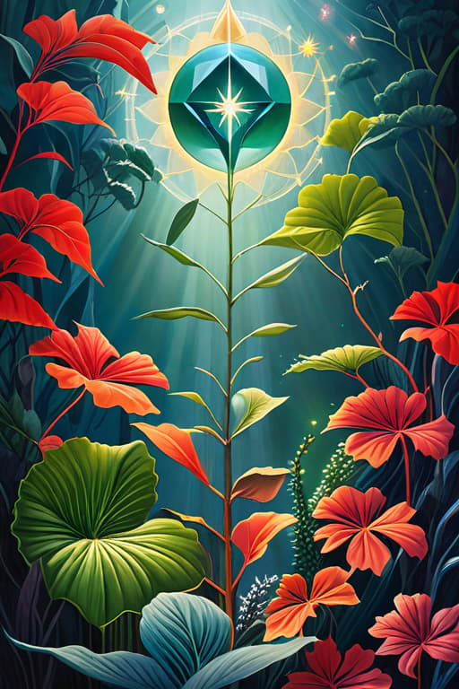  This is a colorful and fantasy style painting. In the center of the painting is a tall plant with an abstract geometric trunk and a glowing orb on top, which could be the sun or moon. The leaves of the plant cover the top, with a gradient of light green to dark green. The background of the painting is mainly black, dotted with stars to create the effect of a night sky. Below and around the plant are other abstract plant forms, some with bright colors and textures on the leaves and branches. The flowing lines and colors of these plant forms give it a mysterious and dreamy feel. The red borders on the left and right sides add a strong contrast to the whole painting, making the central plant and background stand out more. The blue waves and sh hyperrealistic, full body, detailed clothing, highly detailed, cinematic lighting, stunningly beautiful, intricate, sharp focus, f/1. 8, 85mm, (centered image composition), (professionally color graded), ((bright soft diffused light)), volumetric fog, trending on instagram, trending on tumblr, HDR 4K, 8K