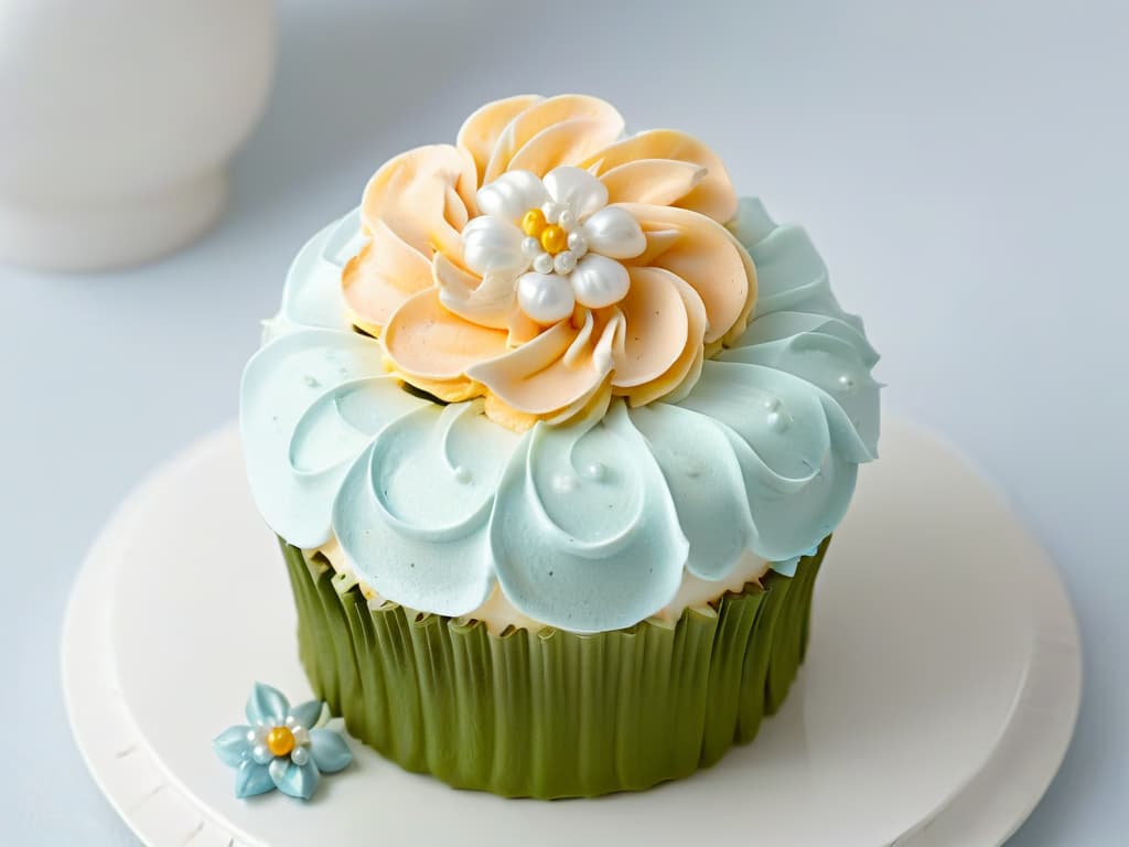  A closeup, ultradetailed image of a perfectly frosted cupcake with intricate swirls of pastelcolored buttercream, delicately placed edible pearls, and a tiny fondant flower on top, all set against a clean, white background. hyperrealistic, full body, detailed clothing, highly detailed, cinematic lighting, stunningly beautiful, intricate, sharp focus, f/1. 8, 85mm, (centered image composition), (professionally color graded), ((bright soft diffused light)), volumetric fog, trending on instagram, trending on tumblr, HDR 4K, 8K