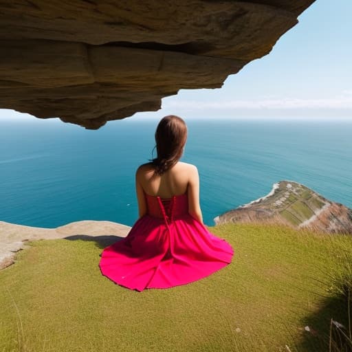  The back of a woman in the distance in a pretty dress sitting on a cliffside with beautiful view in front of her