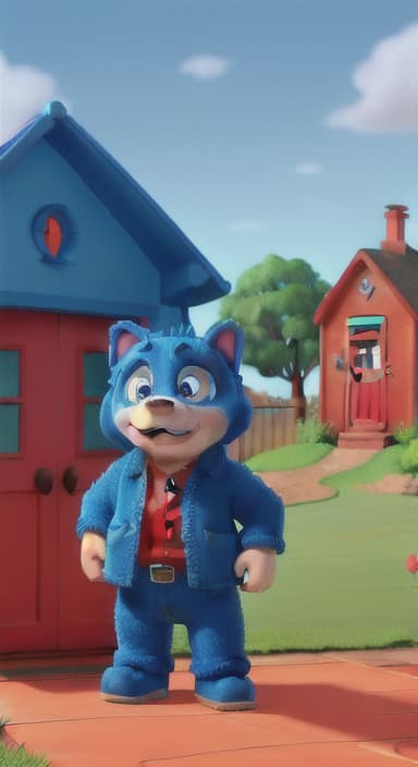  {Max the big blue dog standing in front of a cozy little house with a red door, The big blue dog is large with sky blue fur, big round eyes, a black nose, and floppy ears.