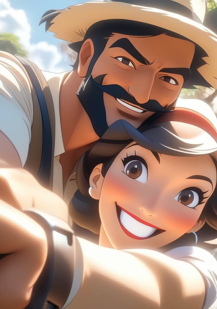  An anime charcter. A man and a woman are seen outdoors taking a selfie. The woman is wearing a stylish sun hat and a white dress, while the man has a beard and mustache. The image shows a close up of the man's face as he smiles for the selfie. Both individuals are dressed in fashionable clothing, with the man also wearing a camera strap. The background consists of a clear blue sky with fluffy white clouds. The dominant colors in the image are white and a deep blue accent color. The scene appears to be casual and relaxed, capturing a moment of joy and connection between the two individuals as they capture a memory together. hyperrealistic, full body, detailed clothing, highly detailed, cinematic lighting, stunningly beautiful, intricate, sharp focus, f/1. 8, 85mm, (centered image composition), (professionally color graded), ((bright soft diffused light)), volumetric fog, trending on instagram, trending on tumblr, HDR 4K, 8K