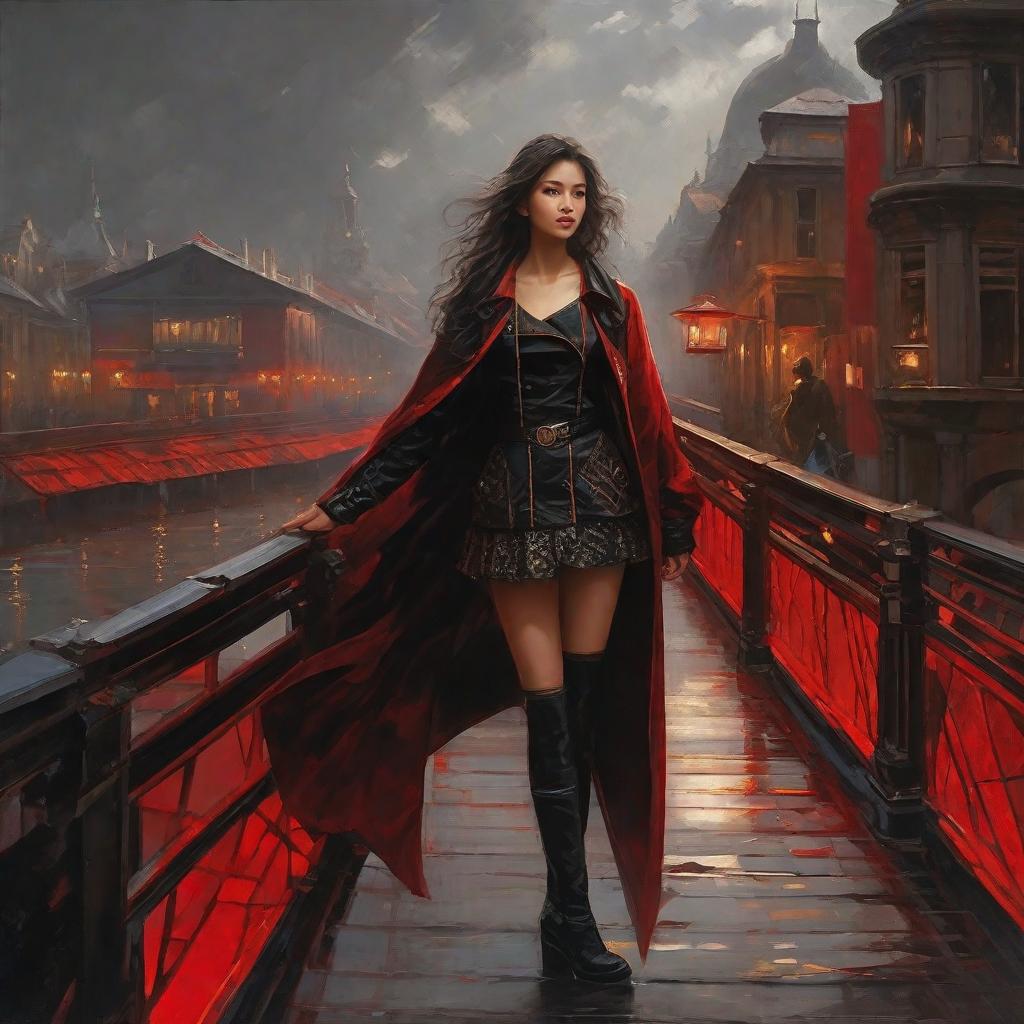  masterpiece, best quality,Thick painting, big perspective action, beautiful girl standing on the bridgehead, red and black clothes, feet wearing high boots, highlight wearing an electronic watch on her wrist. The atmosphere is mysterious, the angle of view looks up, highlighting the heroic bearing of the character.