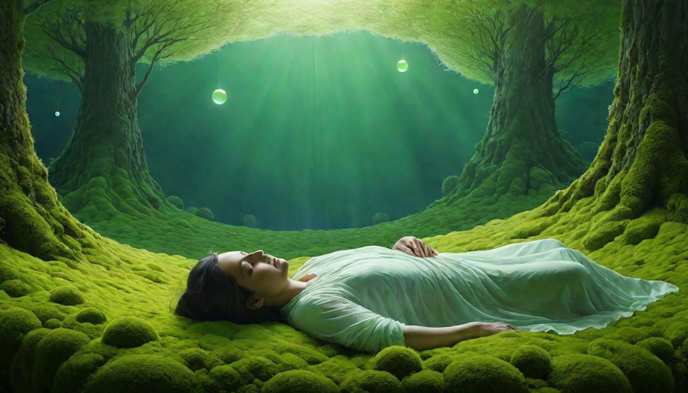  （surrealism)A tranquil scene, figure lying on a bed of soft moss, surrounded by glowing orbs, gentle light, ethereal atmosphere, rejuvenation, calm, peace mystic, intricate details, best quality)