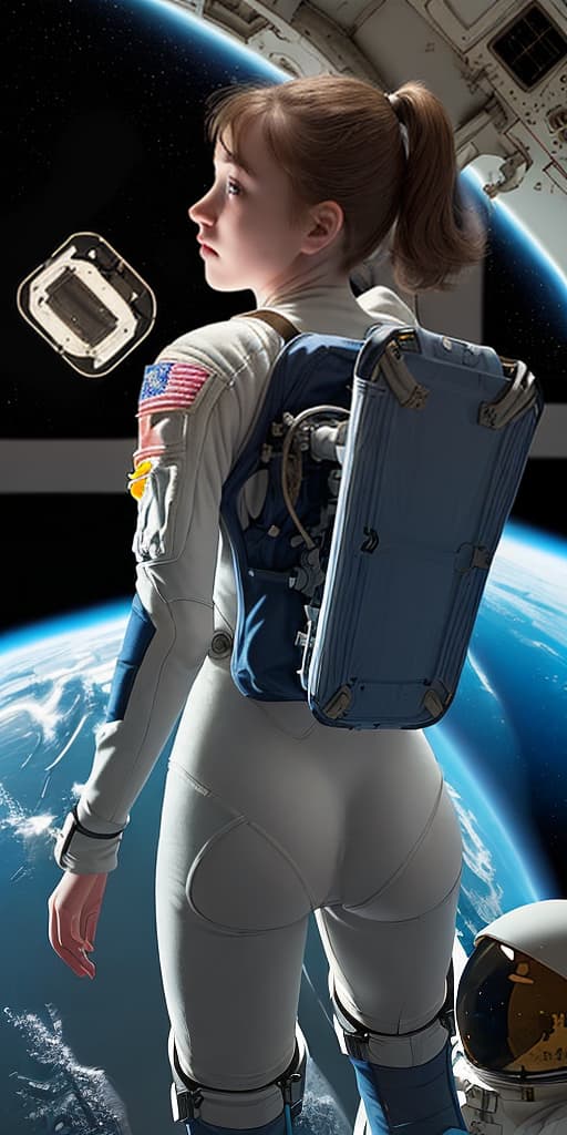  girl-astronaut, without a helmet, with her back turned. show her ass