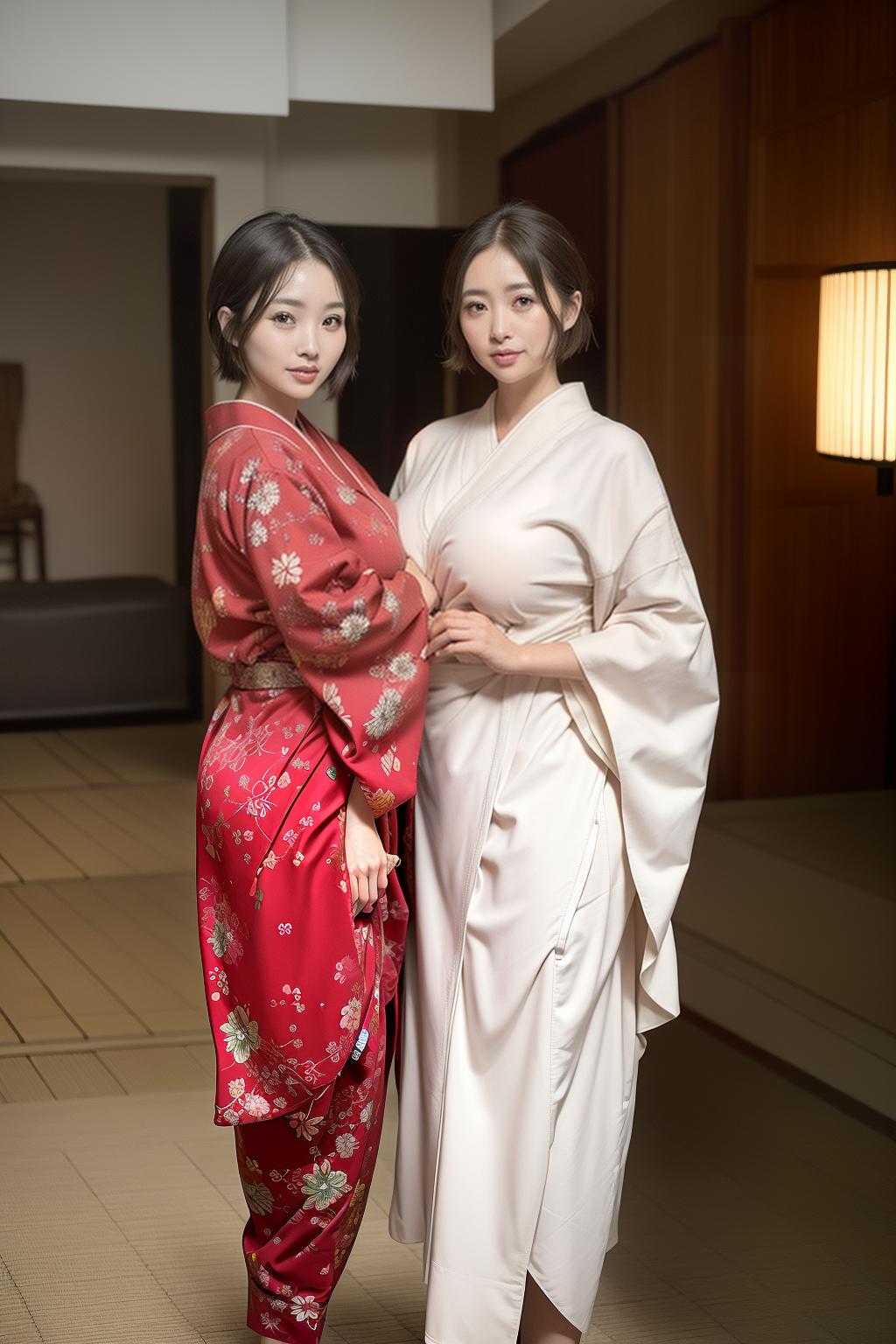  Kyoto city, kimono, two beautiful women, smiles, big eyes, plump breasts, constricted waist, big ass, beautiful legs, short hair, light brown hair, (Masterpiece, BestQuality:1.3), (ultra detailed:1.2), (hyperrealistic:1.3), (RAW photo:1.2),High detail RAW color photo, professional photograph, (Photorealistic:1.4), (realistic:1.4), ,professional lighting, (japanese), beautiful face, (realistic face)