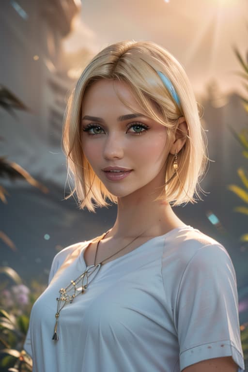  1girl,1girl,blonde short hair,straight hair,upper body shot,shirt,smile hyperrealistic, full body, detailed clothing, highly detailed, cinematic lighting, stunningly beautiful, intricate, sharp focus, f/1. 8, 85mm, (centered image composition), (professionally color graded), ((bright soft diffused light)), volumetric fog, trending on instagram, trending on tumblr, HDR 4K, 8K