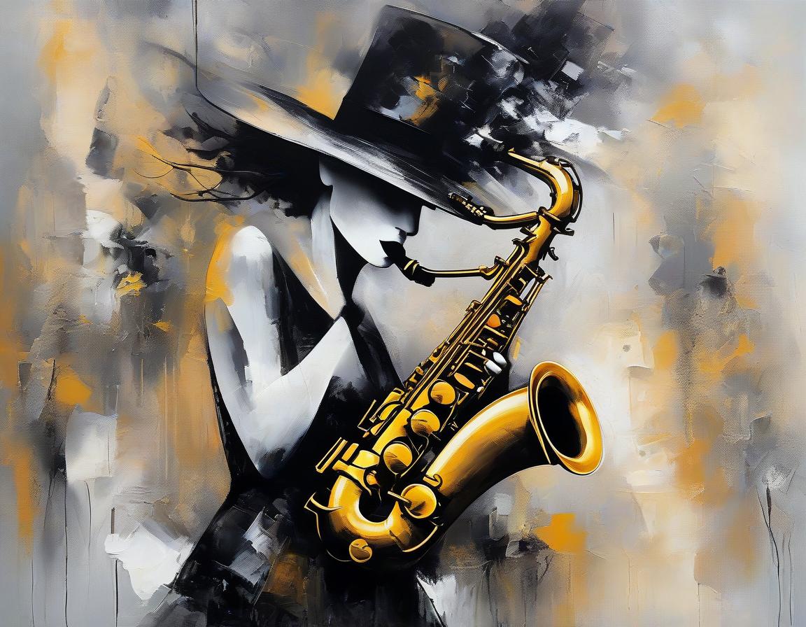  abstract expressionist painting An exquisite depiction of woman in a black hat playing the saxophone, with Louis Jover and Drew Darcy inspired style. The artwork is highly detailed, elegant, and intricate, featuring dynamic lighting and imperial colors. It is a stunning piece with a surreal and ultra realistic touch, created using oil on canvas with a focus on sharp details . energetic brushwork, bold colors, abstract forms, expressive, emotional hyperrealistic, full body, detailed clothing, highly detailed, cinematic lighting, stunningly beautiful, intricate, sharp focus, f/1. 8, 85mm, (centered image composition), (professionally color graded), ((bright soft diffused light)), volumetric fog, trending on instagram, trending on tumblr, HDR 4K, 8K