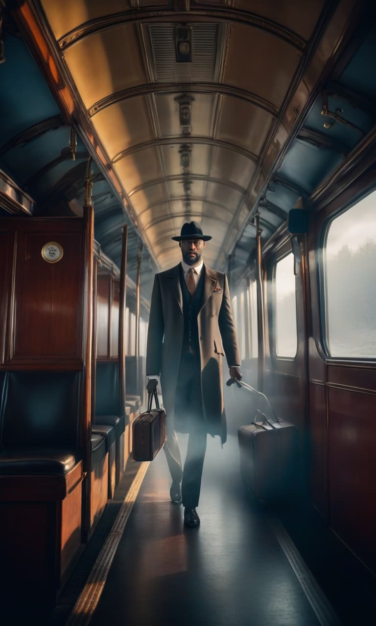  a with a suitcase descends from the footboard of a train carriage hyperrealistic, full body, detailed clothing, highly detailed, cinematic lighting, stunningly beautiful, intricate, sharp focus, f/1. 8, 85mm, (centered image composition), (professionally color graded), ((bright soft diffused light)), volumetric fog, trending on instagram, trending on tumblr, HDR 4K, 8K