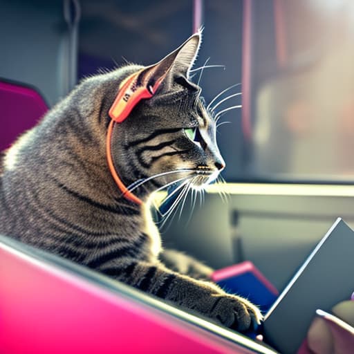 nvinkpunk Realistic image of a cat wearing headphones and reading glasses while riding a bus., 4k hyperrealistic, full body, detailed clothing, highly detailed, cinematic lighting, stunningly beautiful, intricate, sharp focus, f/1. 8, 85mm, (centered image composition), (professionally color graded), ((bright soft diffused light)), volumetric fog, trending on instagram, trending on tumblr, HDR 4K, 8K