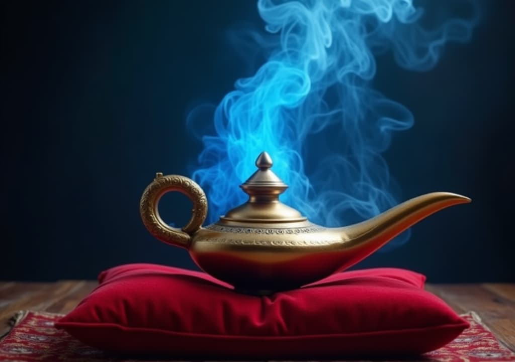  good quality, high quality, genie's magic lamp emitting blue smoke standing on a red pillow