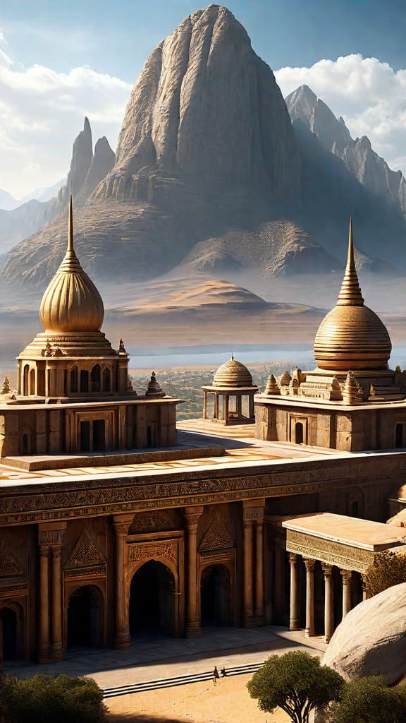  (A vast, ancient city with towering, ornate buildings and structures made of intricate stonework and metalwork. The buildings feature elaborate architectural details, including domes, arches, and intricate carvings. The city is set against a backdrop of rugged, natural landscapes, with mountains or cliffs in the distance. The overall atmosphere evokes a sense of a long lost, highly advanced civilization that thrived in a bygone era.) hyperrealistic, full body, detailed clothing, highly detailed, cinematic lighting, stunningly beautiful, intricate, sharp focus, f/1. 8, 85mm, (centered image composition), (professionally color graded), ((bright soft diffused light)), volumetric fog, trending on instagram, trending on tumblr, HDR 4K, 8K