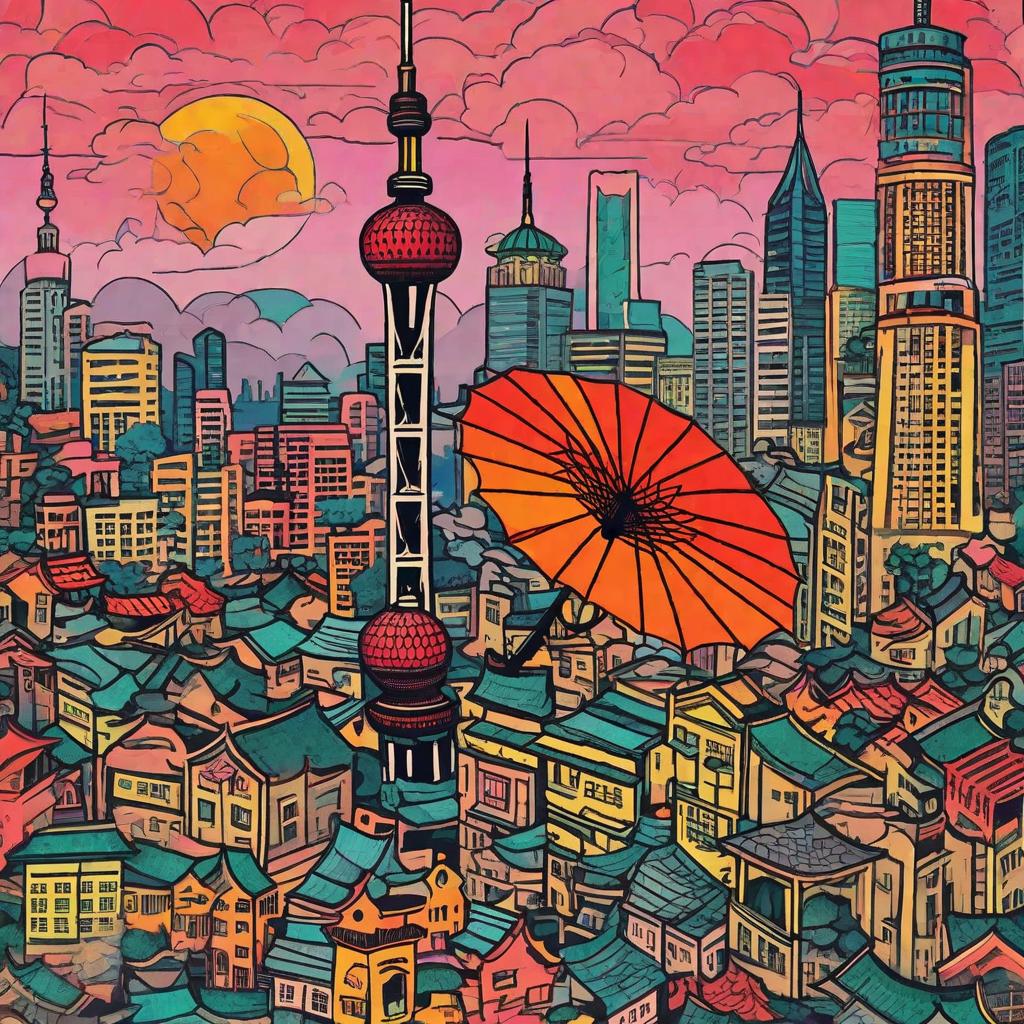  Masterpiece, best quality, Design Name: Shanghai Dream Umbrella Design elements: Theme: Shanghai City Scenery size: 30 " Color: colorful, brilliant Design Description: Umbrella cover design: Umbrella fabric uses a variety of colors, from blue to orange, and then to pink, showing the colorful city scenery of Shanghai. The whole umbrella cover is like a colorful painting, people yearn for it. Shanghai Landmark Elements: In the center of the umbrella, there is a bright moon hanging high, symbolizing the nightlife of Shanghai as a brilliant city. The surrounding area is dotted with the Oriental Pearl Tower, landmark buildings of Shanghai Bund and traditional gardens of Yu Garden, giving people a feeling of traveling through t