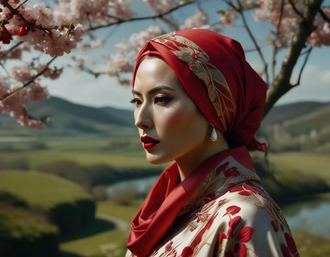  surrealist art A digital art portrait of a woman with a red headscarf, cherry blossoms in her hair, and serene landscape in the background. . dreamlike, mysterious, provocative, symbolic, intricate, detailed hyperrealistic, full body, detailed clothing, highly detailed, cinematic lighting, stunningly beautiful, intricate, sharp focus, f/1. 8, 85mm, (centered image composition), (professionally color graded), ((bright soft diffused light)), volumetric fog, trending on instagram, trending on tumblr, HDR 4K, 8K