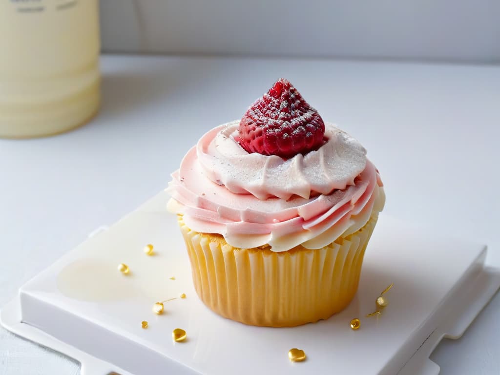  A closeup, ultradetailed image of a perfectly frosted cupcake with delicate swirls of pastelcolored buttercream, topped with a single glistening raspberry and a sprinkle of edible gold flakes. The frosting is smooth and glossy, reflecting light in a way that highlights its flawless texture. The cupcake sits on a pristine white porcelain plate against a soft, blurred background, emphasizing its elegance and artistry. hyperrealistic, full body, detailed clothing, highly detailed, cinematic lighting, stunningly beautiful, intricate, sharp focus, f/1. 8, 85mm, (centered image composition), (professionally color graded), ((bright soft diffused light)), volumetric fog, trending on instagram, trending on tumblr, HDR 4K, 8K