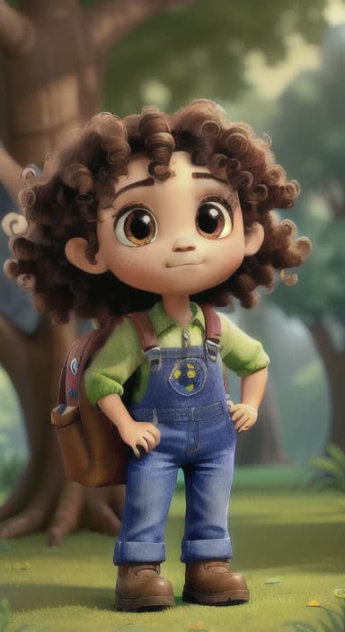  {The tree with a twinkling eye, while its leaves gently rustle., Riley, a curious with big brown eyes and curly hair, wearing overalls and carrying a small backpack. Their friend, Skye, a bluebird with shiny feathers.