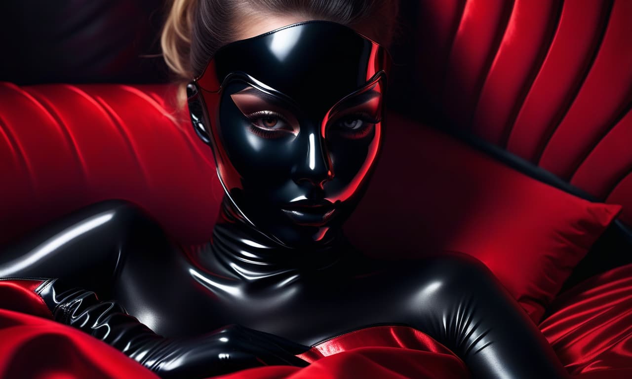   in a shiny black mask covering her entire face and head to the neck. The painted eyes are visible. She is lying on a red bed, wearing long black shiny gloves, high black shiny stiletto boots. (masterpiece, high quality, texture mapping: 1.3), double exposure. portrait, with cute face, beautiful face, realistic shades, Perfect face, fine details, open mouth, crisp white teeth, wide eyebrows, realistic shaded lighting by Ilya Kuvshinov Giuseppe Dangelico Pino and Michael Garmash and Rob Rey, IAMAG premiere, WLOP matte print , masterpiece, romantic, magnificent, Bright full makeup. epic, magnificent, masterpiece, sharp focus, depth of field, unreal engine, perfect composition, digital art on pixiv, artstation, 8k, HDRA. hyperrealistic, full body, detailed clothing, highly detailed, cinematic lighting, stunningly beautiful, intricate, sharp focus, f/1. 8, 85mm, (centered image composition), (professionally color graded), ((bright soft diffused light)), volumetric fog, trending on instagram, trending on tumblr, HDR 4K, 8K