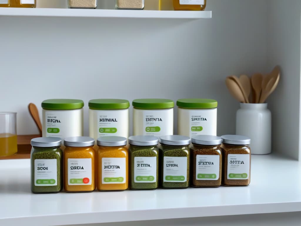  An image of a sleek, modern kitchen countertop with a row of neatly organized sugar substitutes in stylish containers. The containers are labeled with elegant, minimalist typography indicating different types of natural sweeteners like stevia, erythritol, and monk fruit extract. Soft, natural light gently illuminates the scene, casting a subtle glow on the pristine countertop and highlighting the purity and simplicity of the ingredients. hyperrealistic, full body, detailed clothing, highly detailed, cinematic lighting, stunningly beautiful, intricate, sharp focus, f/1. 8, 85mm, (centered image composition), (professionally color graded), ((bright soft diffused light)), volumetric fog, trending on instagram, trending on tumblr, HDR 4K, 8K