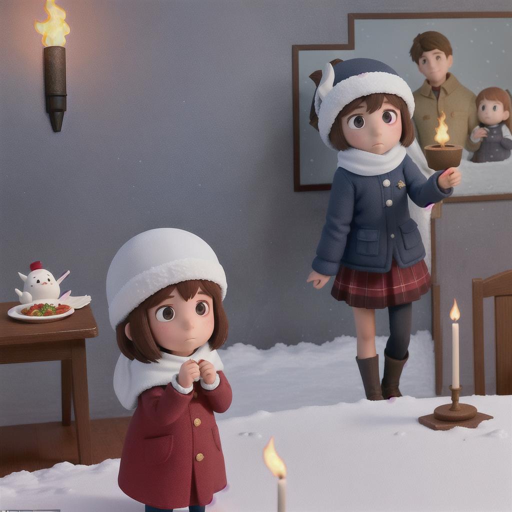  In the depths of winter, a young girl shivers against a wall, warming herself with a match against the backdrop of a family enjoying themselves in a dining room