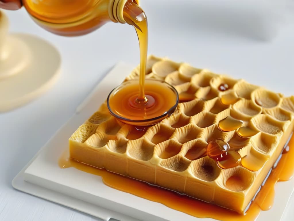  A closeup, ultradetailed image of a perfect golden honeycomb drizzling with amber honey, set against a stark white background to emphasize the natural beauty and sweetness of the honey as a healthy and natural sweetener option for desserts. hyperrealistic, full body, detailed clothing, highly detailed, cinematic lighting, stunningly beautiful, intricate, sharp focus, f/1. 8, 85mm, (centered image composition), (professionally color graded), ((bright soft diffused light)), volumetric fog, trending on instagram, trending on tumblr, HDR 4K, 8K