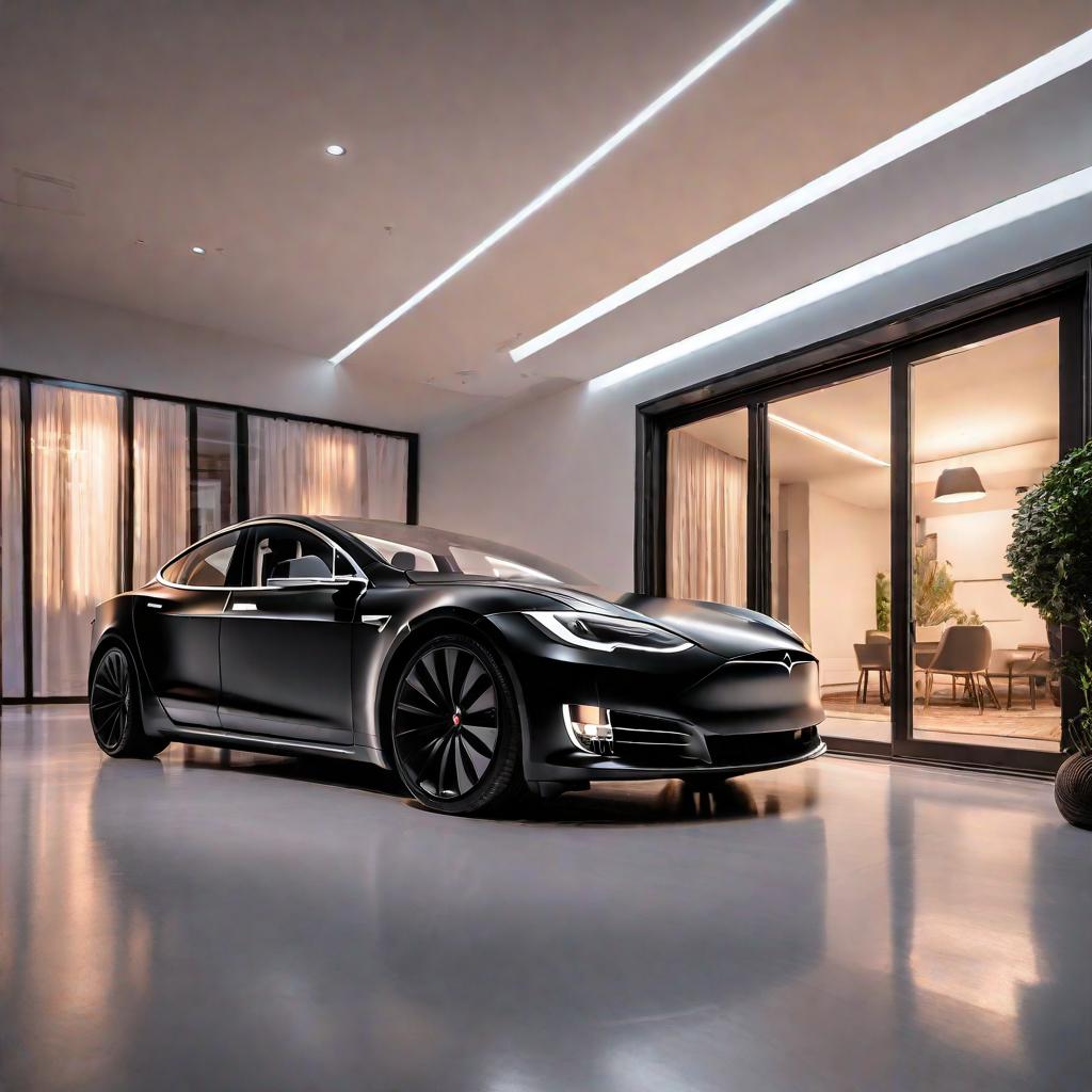  Tesla integrated home with EV and PV during blackout hyperrealistic, full body, detailed clothing, highly detailed, cinematic lighting, stunningly beautiful, intricate, sharp focus, f/1. 8, 85mm, (centered image composition), (professionally color graded), ((bright soft diffused light)), volumetric fog, trending on instagram, trending on tumblr, HDR 4K, 8K