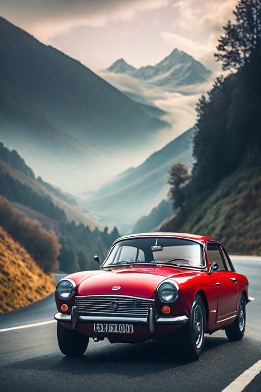  A small red car with a lowered body was driving on roads and mountains hyperrealistic, full body, detailed clothing, highly detailed, cinematic lighting, stunningly beautiful, intricate, sharp focus, f/1. 8, 85mm, (centered image composition), (professionally color graded), ((bright soft diffused light)), volumetric fog, trending on instagram, trending on tumblr, HDR 4K, 8K