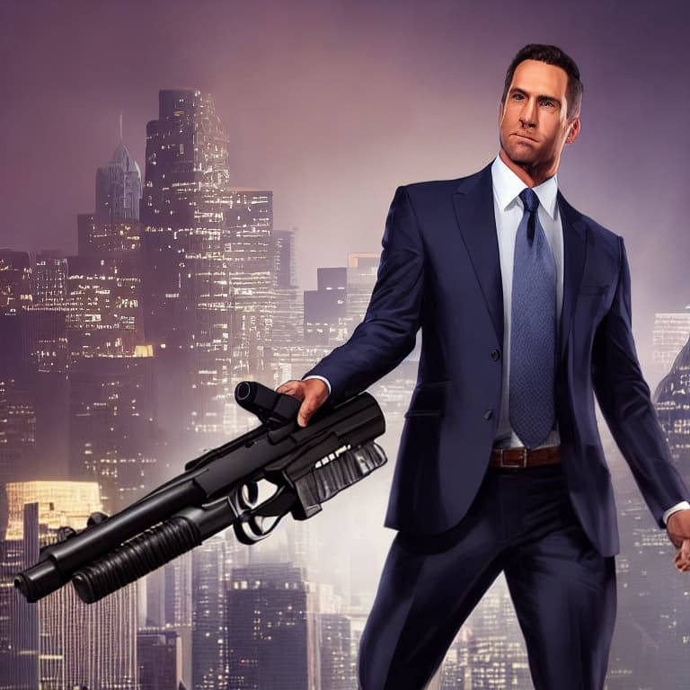  Mike nivels in a business suit  pointing a gun hyperrealistic, full body, detailed clothing, highly detailed, cinematic lighting, stunningly beautiful, intricate, sharp focus, f/1. 8, 85mm, (centered image composition), (professionally color graded), ((bright soft diffused light)), volumetric fog, trending on instagram, trending on tumblr, HDR 4K, 8K