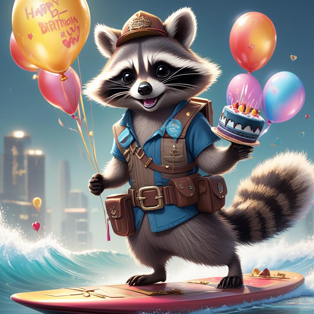  concept art A raccoon in a festive hat "Happy Birthday", on one front paw the raccoon holds a birthday cake, in the second paw the raccoon has a metal part of the car body. The raccoon stands on the wakeboard with its hind legs, cutting through the waves, festive balloons and a festive costume are attached to the belt . digital artwork, illustrative, painterly, matte painting, highly detailed hyperrealistic, full body, detailed clothing, highly detailed, cinematic lighting, stunningly beautiful, intricate, sharp focus, f/1. 8, 85mm, (centered image composition), (professionally color graded), ((bright soft diffused light)), volumetric fog, trending on instagram, trending on tumblr, HDR 4K, 8K