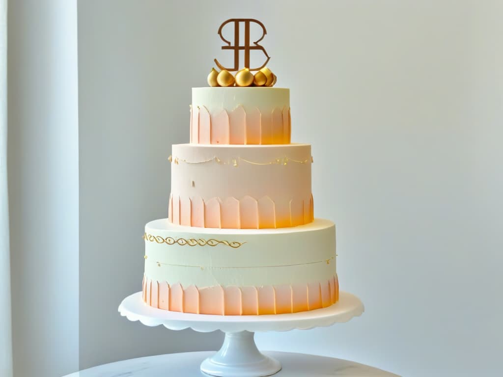  A threetier wedding cake with a sleek and modern design featuring geometric patterns in alternating shades of blush pink and gold. The cake is elegantly displayed on a marble cake stand with soft, indirect lighting highlighting its intricate details and clean lines. hyperrealistic, full body, detailed clothing, highly detailed, cinematic lighting, stunningly beautiful, intricate, sharp focus, f/1. 8, 85mm, (centered image composition), (professionally color graded), ((bright soft diffused light)), volumetric fog, trending on instagram, trending on tumblr, HDR 4K, 8K