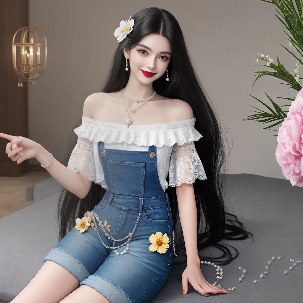  masterpiece, best quality, masterpiece,best quality,8k resolution,Panorama,full body,close up portrait,prefect face,male,solo,dancing ,wide eyes,lipstick,parted lips,embarred, face, smile,long hair,black hair,straight hair,hair flower,celet,pendant,pearl celet,white shirt,,denim shorts,lace,bare_shoulders