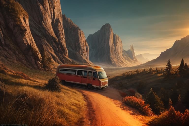  Campervan journey hyperrealistic, full body, detailed clothing, highly detailed, cinematic lighting, stunningly beautiful, intricate, sharp focus, f/1. 8, 85mm, (centered image composition), (professionally color graded), ((bright soft diffused light)), volumetric fog, trending on instagram, trending on tumblr, HDR 4K, 8K