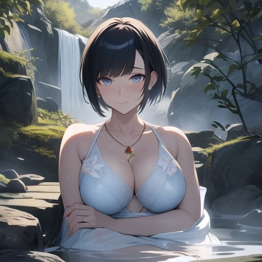  masterpiece, high quality, 4K, HDR BREAK,anime,A old with large eyes, short hair, and downcast eyes steps into a hot spring, covering her with her right hand. She has an embarred, unhappy expression on her face.BREAK Close up, eye level BREAK Tranquil natural setting with a Japanese style hot spring and lush foliage. hyperrealistic, full body, detailed clothing, highly detailed, cinematic lighting, stunningly beautiful, intricate, sharp focus, f/1. 8, 85mm, (centered image composition), (professionally color graded), ((bright soft diffused light)), volumetric fog, trending on instagram, trending on tumblr, HDR 4K, 8K