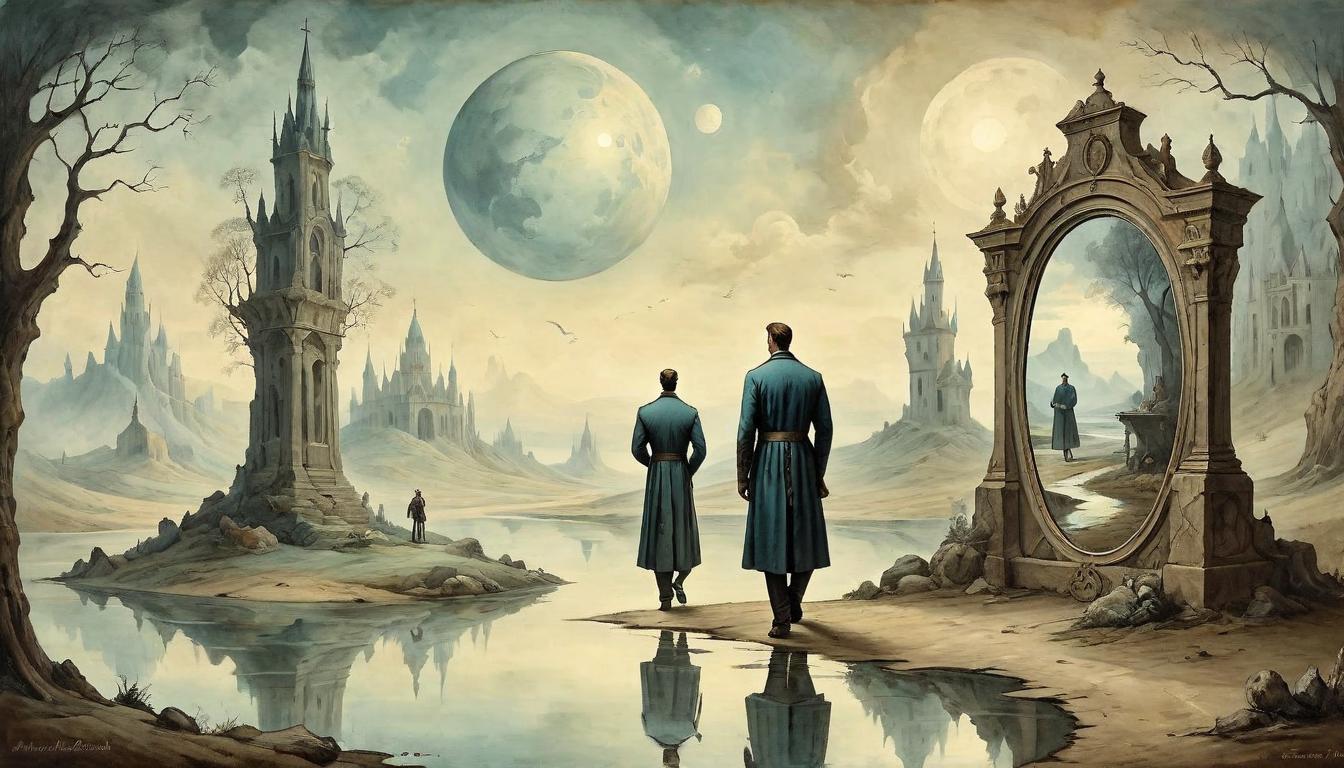  on parchment, surrealism+++, A mirror reflecting an ever changing landscape, figures walking past, each reflection a different era, affirmation of the eternal, soul's legacy(mysterious, provocative, symbolic,muted color)+++