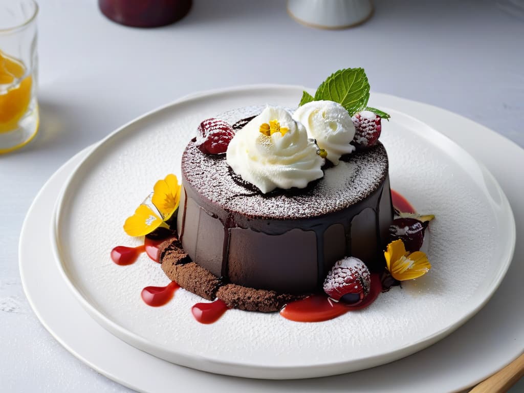  An ultradetailed closeup image of a meticulously arranged dessert plate featuring a decadent chocolate lava cake drizzled with raspberry coulis, a scoop of creamy vanilla bean ice cream, fresh mint leaves for garnish, and delicate edible flowers scattered around the plate. The dessert is presented on sleek white porcelain against a soft grey background, showcasing the vibrant colors and intricate details of the dessert presentation. hyperrealistic, full body, detailed clothing, highly detailed, cinematic lighting, stunningly beautiful, intricate, sharp focus, f/1. 8, 85mm, (centered image composition), (professionally color graded), ((bright soft diffused light)), volumetric fog, trending on instagram, trending on tumblr, HDR 4K, 8K