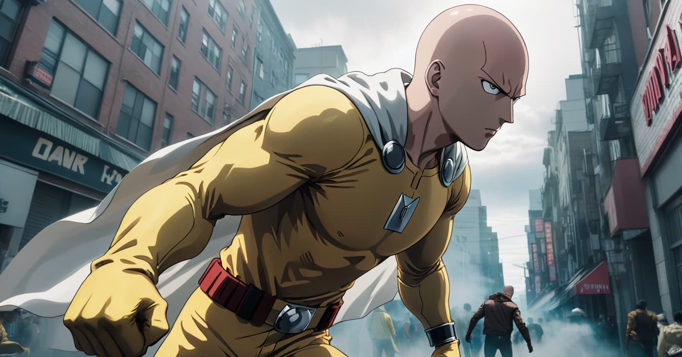  One Punch Man. Saitama. fighting in the city. full body. close up. hyperrealistic, full body, detailed clothing, highly detailed, cinematic lighting, stunningly beautiful, intricate, sharp focus, f/1. 8, 85mm, (centered image composition), (professionally color graded), ((bright soft diffused light)), volumetric fog, trending on instagram, trending on tumblr, HDR 4K, 8K