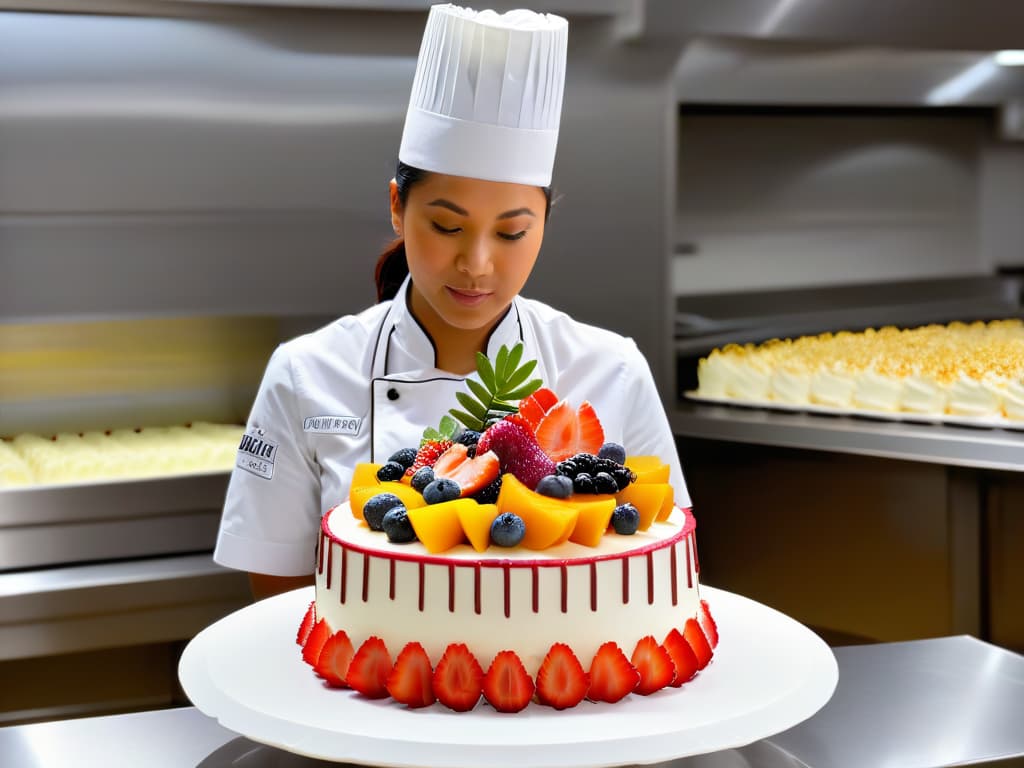  An ultradetailed image of a professional pastry chef delicately piping intricate designs onto a multilayered, decadent cake. The chef, wearing a crisp white apron and focused expression, is surrounded by an array of vibrant, fresh fruits and premium ingredients neatly arranged on a sleek, marble countertop. The minimalistic backdrop enhances the precision and artistry of the pastry chef's craft, creating a visually inspiring scene that embodies the essence of gourmet fine pastry craftsmanship. hyperrealistic, full body, detailed clothing, highly detailed, cinematic lighting, stunningly beautiful, intricate, sharp focus, f/1. 8, 85mm, (centered image composition), (professionally color graded), ((bright soft diffused light)), volumetric fog, trending on instagram, trending on tumblr, HDR 4K, 8K