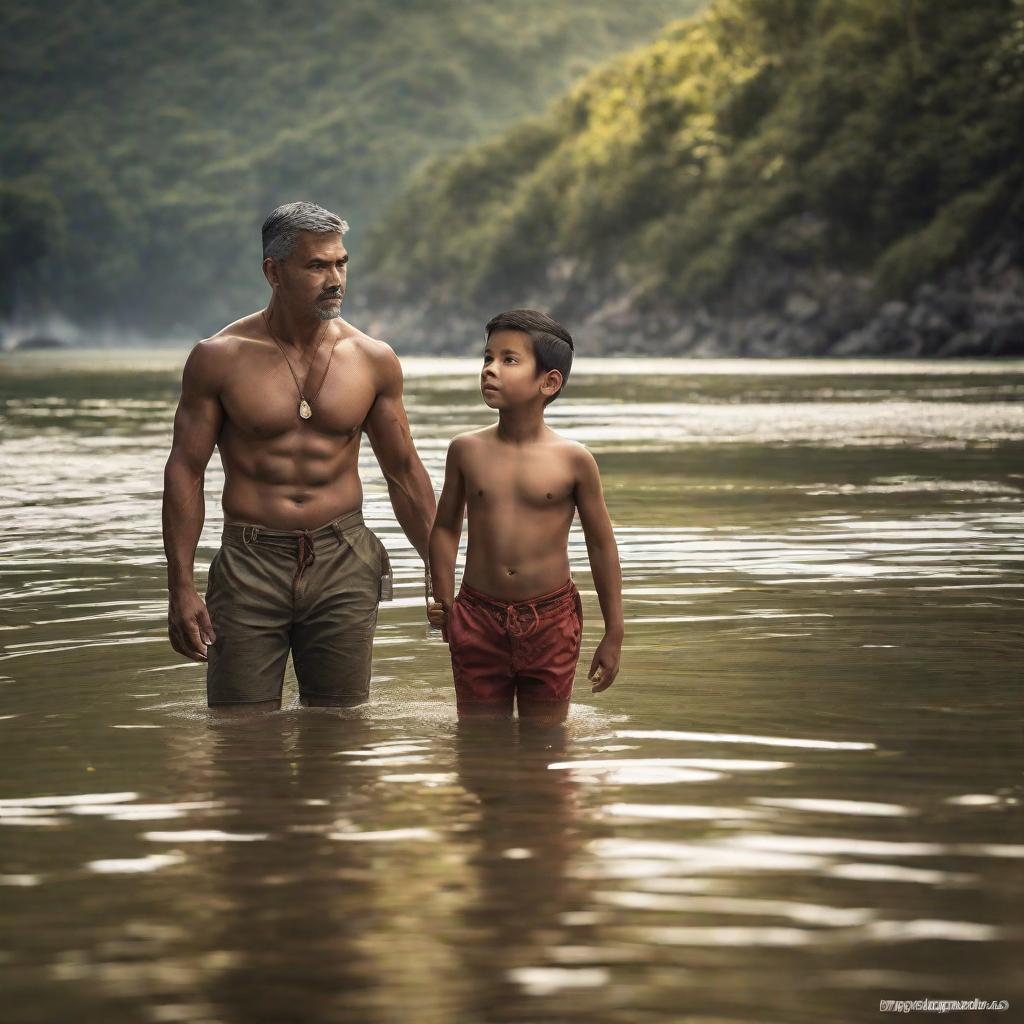  Niño pequeño sin camisa con su padre sin camisa abrazados en un rio hyperrealistic, full body, detailed clothing, highly detailed, cinematic lighting, stunningly beautiful, intricate, sharp focus, f/1. 8, 85mm, (centered image composition), (professionally color graded), ((bright soft diffused light)), volumetric fog, trending on instagram, trending on tumblr, HDR 4K, 8K