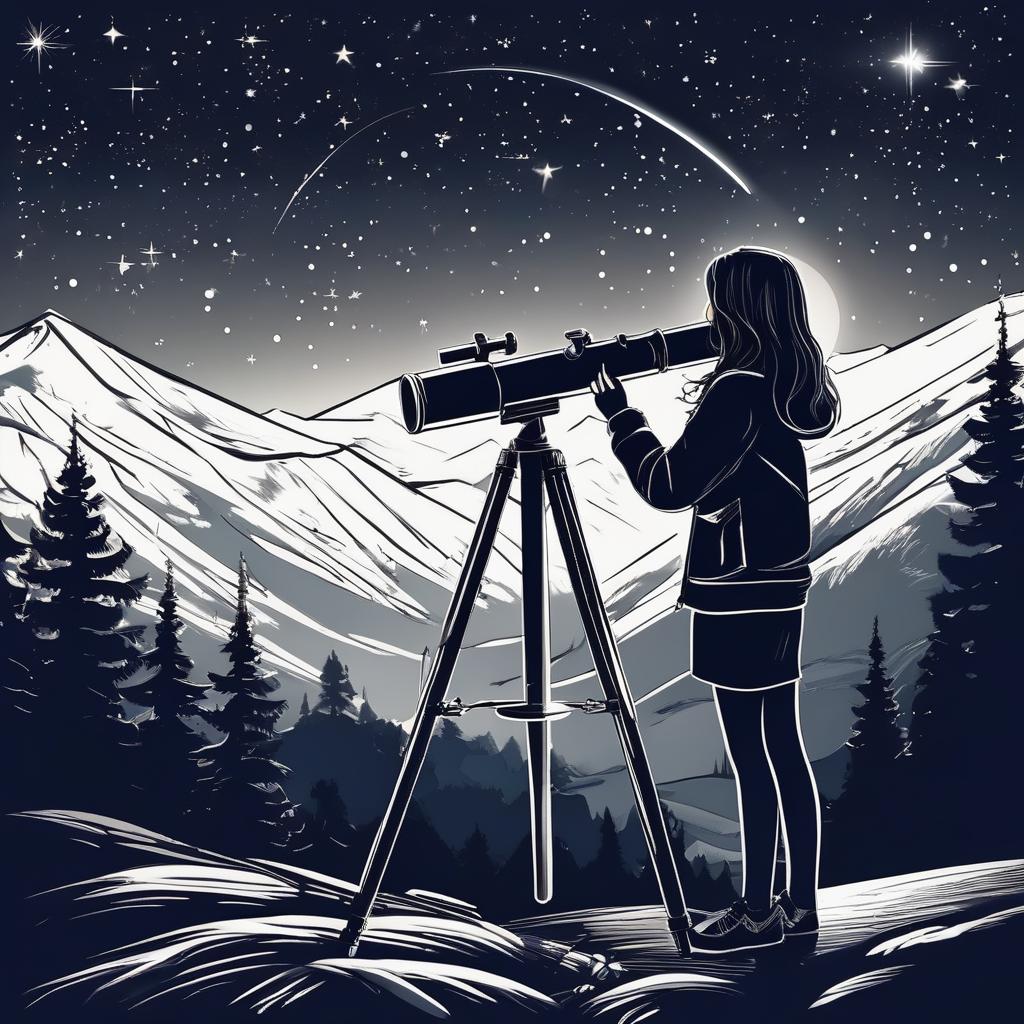 A girl in the mountains looks at the stars through a telescope