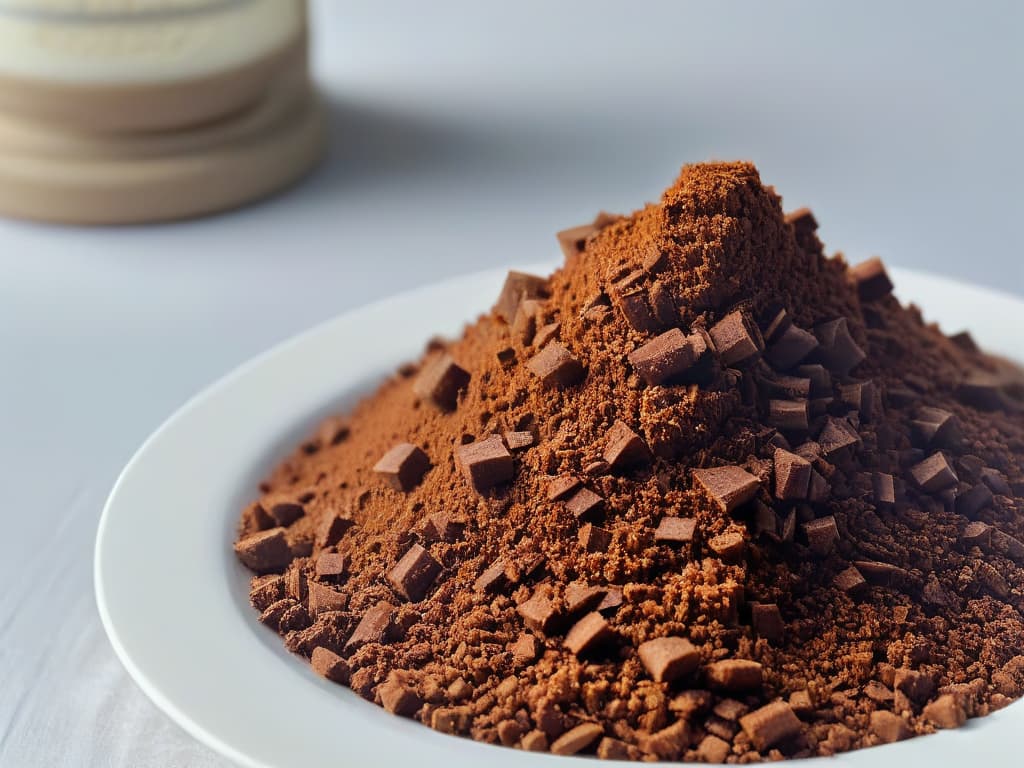  A closeup, ultradetailed image of dark and rich muscovado sugar crystals against a stark white background, showcasing its intricate texture and deep molasses color. hyperrealistic, full body, detailed clothing, highly detailed, cinematic lighting, stunningly beautiful, intricate, sharp focus, f/1. 8, 85mm, (centered image composition), (professionally color graded), ((bright soft diffused light)), volumetric fog, trending on instagram, trending on tumblr, HDR 4K, 8K