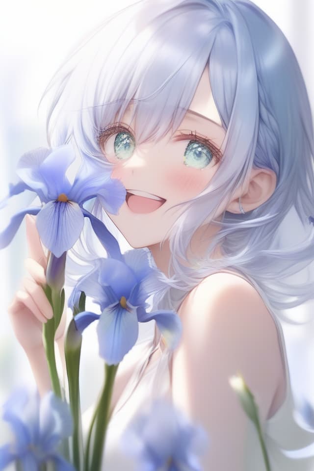  Masterpiece,(((one male))),laryngeal prominence,(happysmile),delicate light blue hair color,delicate green eyes color,looking up,(((Blue Iris pallida flower))),high definition,8K