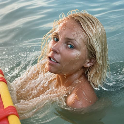  tanned blonde woman's face is in the water she's sinking and drowning she's panic a lot of water waves and splashes around