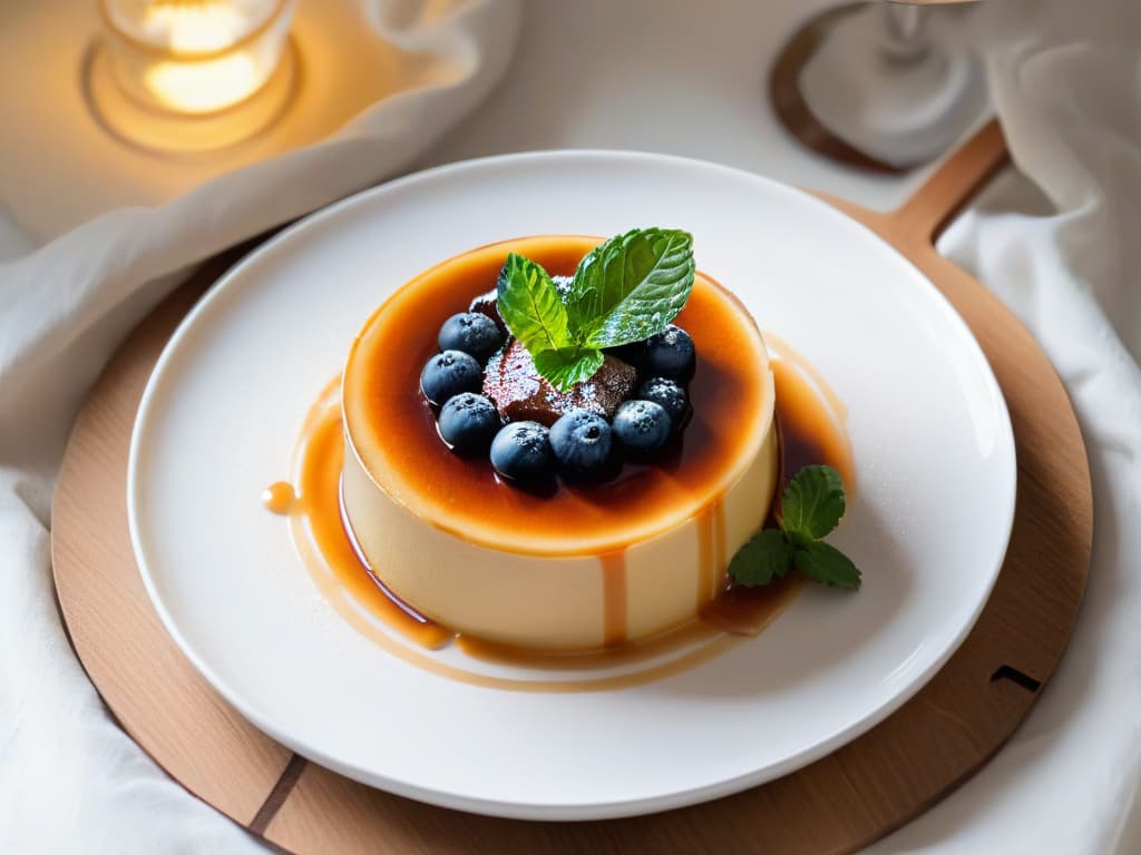  An elegant, minimalistic image showcasing a perfectly caramelized homemade flan with a smooth, velvety texture. The flan is beautifully plated on a simple, white ceramic dish, drizzled with a delicate caramel sauce, and garnished with a single fresh mint leaf for a pop of color. The lighting is soft, creating a subtle play of shadows that highlights the creamy texture of the flan. This image exudes sophistication and invites the viewer to indulge in the decadent dessert. hyperrealistic, full body, detailed clothing, highly detailed, cinematic lighting, stunningly beautiful, intricate, sharp focus, f/1. 8, 85mm, (centered image composition), (professionally color graded), ((bright soft diffused light)), volumetric fog, trending on instagram, trending on tumblr, HDR 4K, 8K