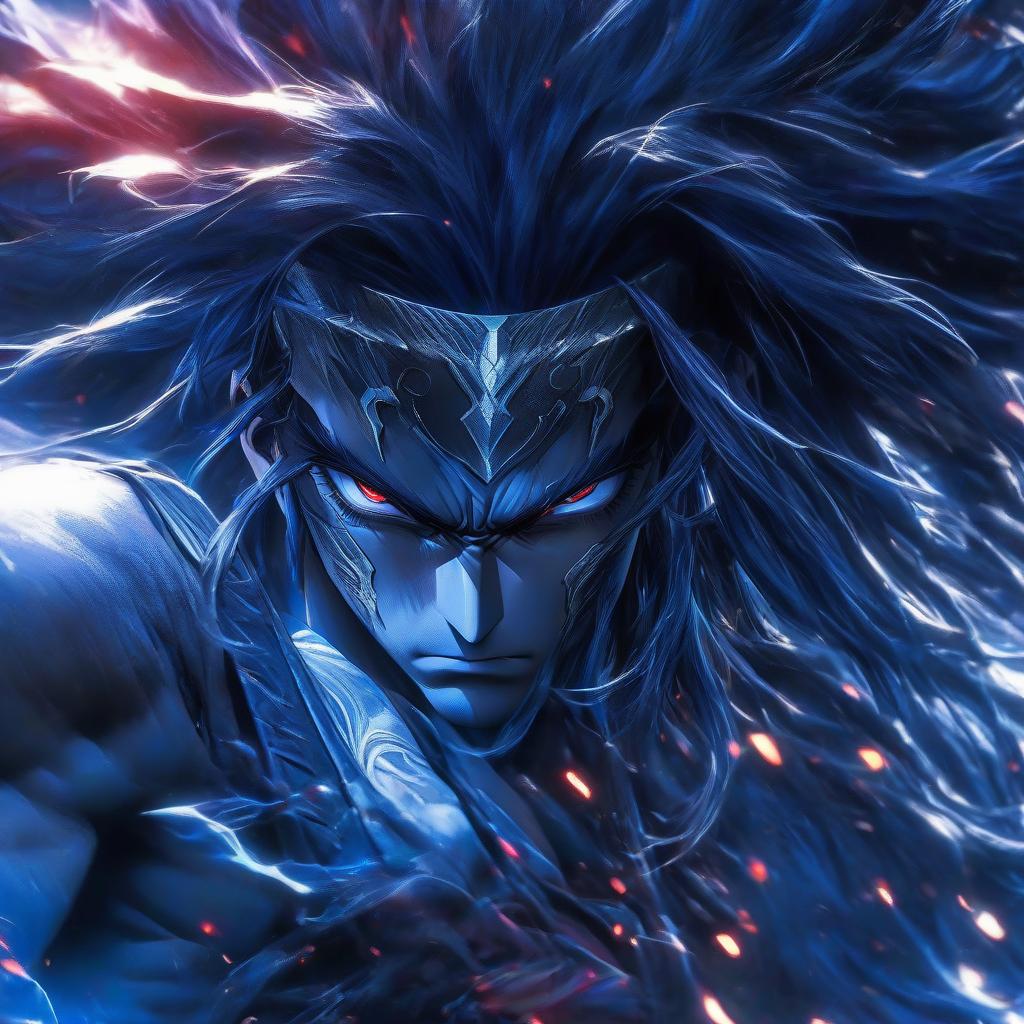  anime artwork A man with long dark blue hair with a blue part on the back of his head. Sharp facial features, serious expression. Black scars on his cheeks. Red eyes. . anime style, key visual, vibrant, studio anime, highly detailed hyperrealistic, full body, detailed clothing, highly detailed, cinematic lighting, stunningly beautiful, intricate, sharp focus, f/1. 8, 85mm, (centered image composition), (professionally color graded), ((bright soft diffused light)), volumetric fog, trending on instagram, trending on tumblr, HDR 4K, 8K