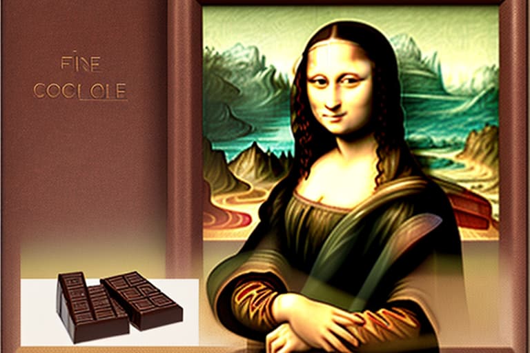  The Mona Lisa holding box of fine dark chocolate candy pieces. background expanded. Painted in the style of Leonardo Da Vinci.