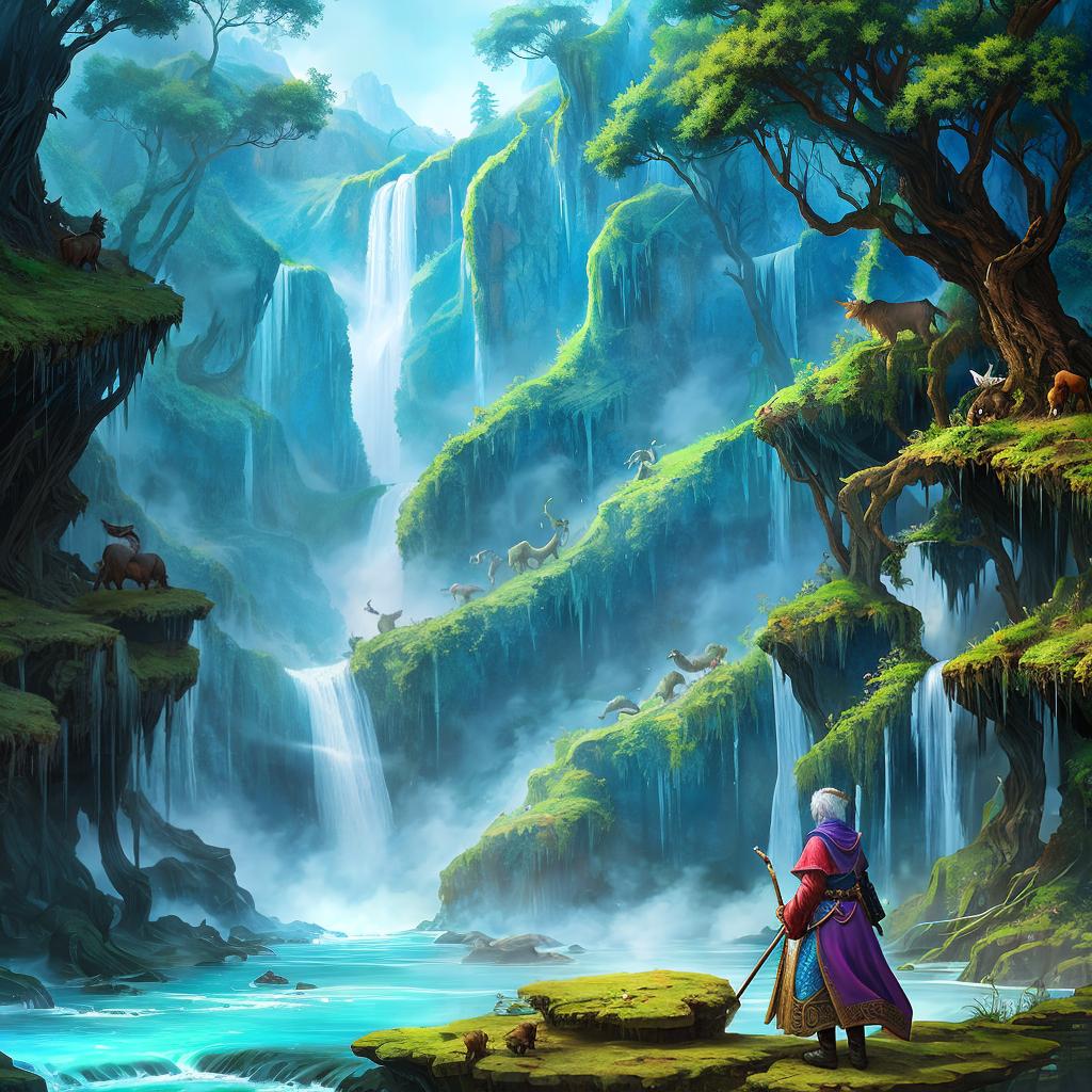  in a fantasy setting, Paint a surreal landscape where mythical beasts roam amidst cascading waterfalls.