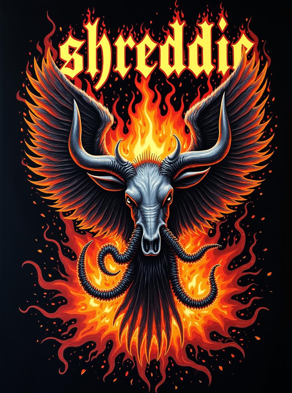  good quality, high quality, thrash metal shirt design. 1980s design. with fire and melting elements are part of design. organs are strewn about. the letters "shreddie" on top of the design. wild western themes and design elements are on the shirt as well