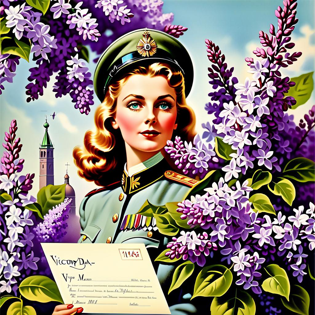  Advertising poster style Victory Day, postcard,covert,letter,salute,lilacs,1945 May,spring. . Professional, modern, product focused, commercial, eye catching, highly detailed hyperrealistic, full body, detailed clothing, highly detailed, cinematic lighting, stunningly beautiful, intricate, sharp focus, f/1. 8, 85mm, (centered image composition), (professionally color graded), ((bright soft diffused light)), volumetric fog, trending on instagram, trending on tumblr, HDR 4K, 8K