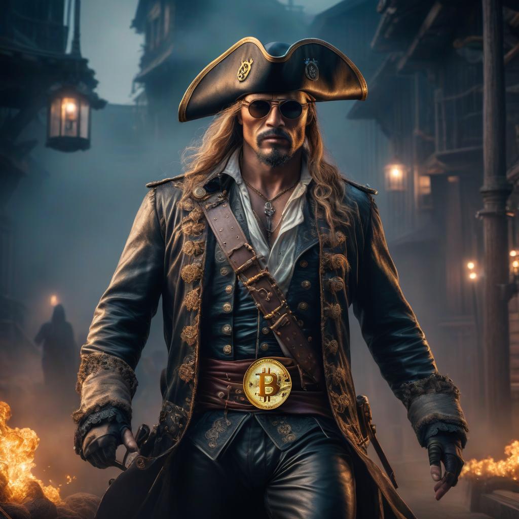  Bitcoin pirate hyperrealistic, full body, detailed clothing, highly detailed, cinematic lighting, stunningly beautiful, intricate, sharp focus, f/1. 8, 85mm, (centered image composition), (professionally color graded), ((bright soft diffused light)), volumetric fog, trending on instagram, trending on tumblr, HDR 4K, 8K