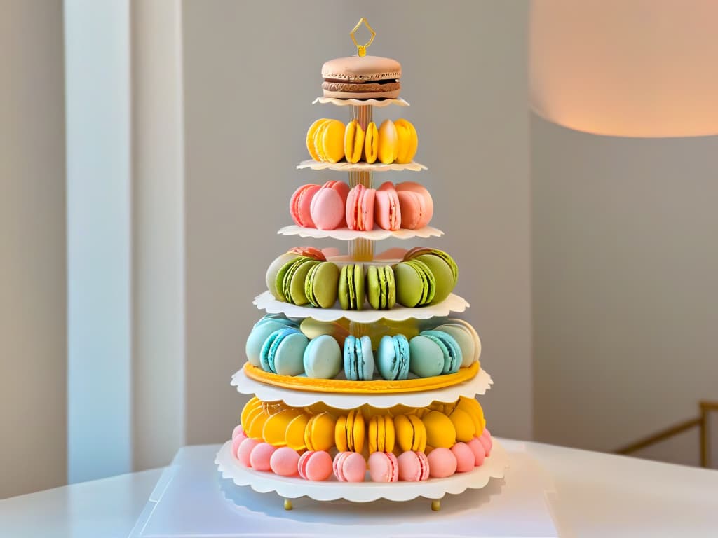  A closeup, ultradetailed image of a perfectly balanced macaron tower, showcasing a variety of pastel colors and delicate textures. Each macaron is meticulously crafted, with smooth, glossy shells and precise, uniform feet, creating a visually stunning and mouthwatering display of the delicate balance between acidity and sweetness in pastry. hyperrealistic, full body, detailed clothing, highly detailed, cinematic lighting, stunningly beautiful, intricate, sharp focus, f/1. 8, 85mm, (centered image composition), (professionally color graded), ((bright soft diffused light)), volumetric fog, trending on instagram, trending on tumblr, HDR 4K, 8K