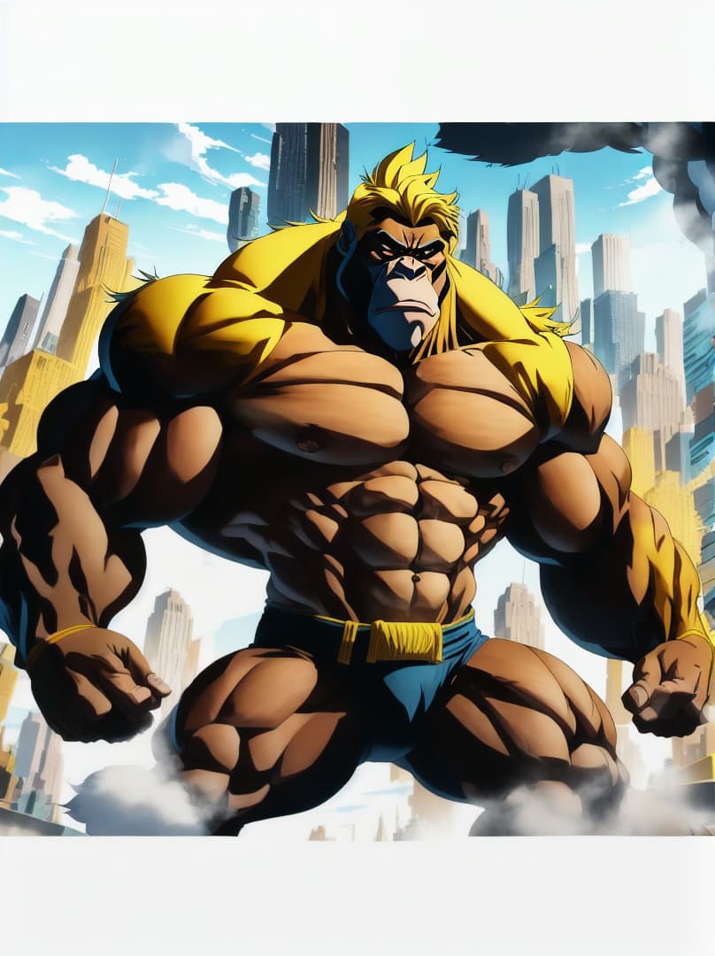  , anime-style illustration of a gorilla with extreme muscular development, in a dynamic pose that captures a 'roid rage'.,RAGE,menacing<lora:chad97qi:0.07655424501345531><lora:yellow-family:0.25172963598036135><lora:octoghibli:0.8723620831649697><lora:ae-t-pagepal:0.23817375049702716> hyperrealistic, full body, detailed clothing, highly detailed, cinematic lighting, stunningly beautiful, intricate, sharp focus, f/1. 8, 85mm, (centered image composition), (professionally color graded), ((bright soft diffused light)), volumetric fog, trending on instagram, trending on tumblr, HDR 4K, 8K