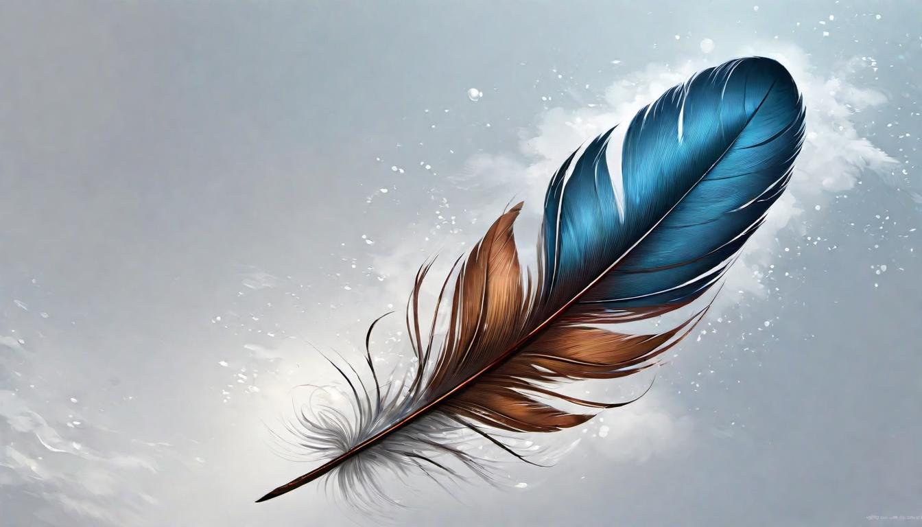  digital painting of A feather gently floating in the air, descending slowly, symbolizing the soul's departure, soft focus, serene, peaceful looking at viewer, dynamic pose, (intricate details, masterpiece, best quality)